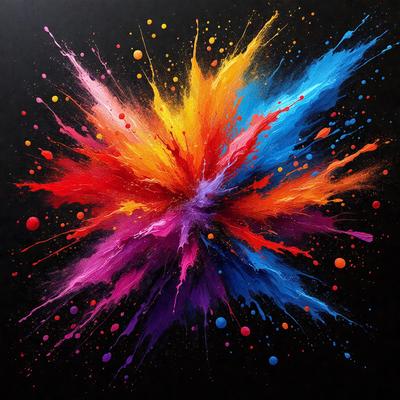The primary subject of the image is a colorful, abstract artwork featuring a mix of colors and patterns. The setting is a black background, which contrasts with the vibrant colors of the artwork. The visual style is a combination of digital art and illustration, creating a unique and eye-catching piece. The dominant colors in the artwork are red, blue, yellow, and orange, which contribute to a lively and energetic atmosphere.